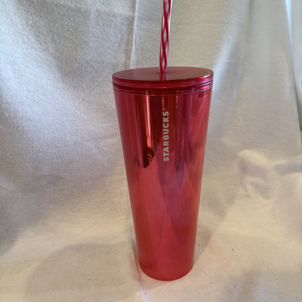 Starbucks Venti 24oz Cup‎ Tumbler Shiny Ruby Red Pink With Chrome Finish